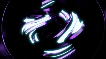Aufkleber - Moving abstract ball with glowing lines and metallic texture. Design. Futuristic ball rotates with metal curves and neon line. Abstract 3d ball rotating with neon light