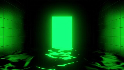 Poster - Neon spotlights with surreal walls and water surface. Design. Glowing lamps on wet floor.