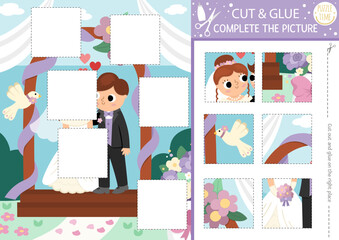 Wall Mural - Vector wedding cut and glue activity. Crafting game with marriage scene, bride and groom under the arch. Printable worksheet for children. Find the right piece of the puzzle. Complete the picture.