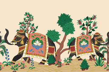 Border with Indian elephants and decorative elements. Vector.
