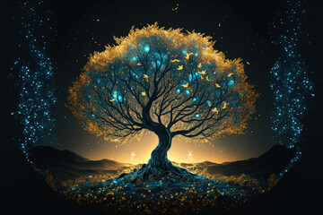 Wall Mural - golden tree illustration on dark background. mystical forest. generative ai
