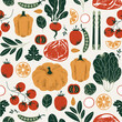 Food seamless pattern. Vintage textured vegetables and meat. 