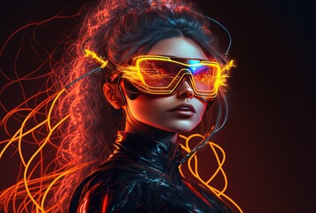 Wall Mural - illustration digital art of fictional woman wearing VR headset look straight shot, idea for futuristic lifestyle concept	
