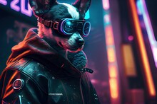 Cyberpunk Dog In City At Night Time