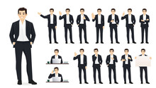 Asian Business Young Man In Black Suit. Different Poses Set. Various Gestures Male Character Standing And Sitting At The Desk Isolated Vector Illustration