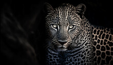 Majestic Leopard. Portrait Of Leopard On Black Background. Predator Series. Danger Concept. Digital Art	