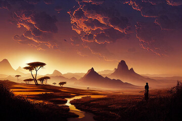Wall Mural - beautiful african safari landscape scenery at sunset, illustration created with Generative AI