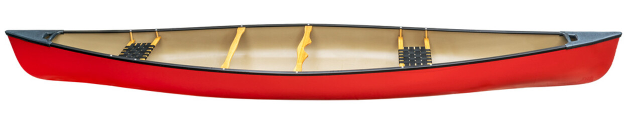 Wall Mural - red tandem canoe with wood seats, side view, transparent background