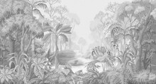 Monochrome Jungle Landscape. Vector Interior Print.