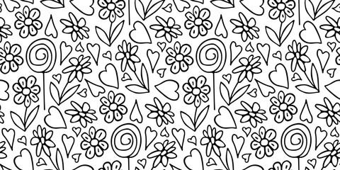 Wall Mural - Love seamless pattern. Flower, heart, lollipop. Hand-drawn sketch vector black linear illustration on white background for wallpaper, textile, packaging paper, printing for Valentine's Day, wedding.