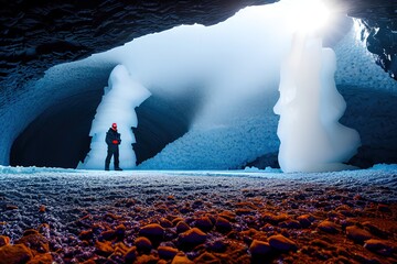 Wall Mural - Person is standing in beautiful ice cave. Generative ai.