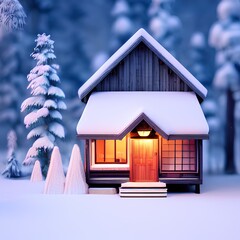 Poster - A small wooden house on a snowy winter evening. Generative ai.