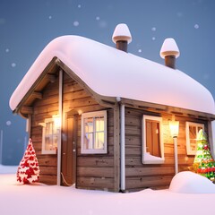 Poster - A small wooden house on a snowy winter evening. Generative ai.