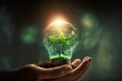 canvas print picture - human hand holding a light bulb with a plant sprout inside. Concept of green energy saving, renewable and recycling. Ecology behavior for global warming.