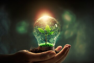 human hand holding a light bulb with a plant sprout inside. concept of green energy saving, renewabl