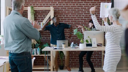 Aufkleber - Startup success, celebration and team dance in office happy and excited with sales target and financial goals. Teamwork, diversity and dancing in modern office at winner creative marketing company.