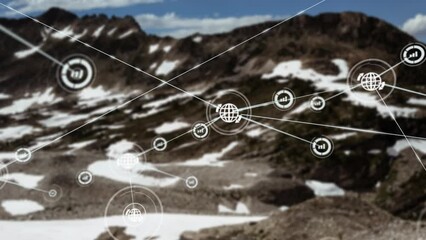 Poster - Animation of network of profile icons over snow covered mountains against blue sky