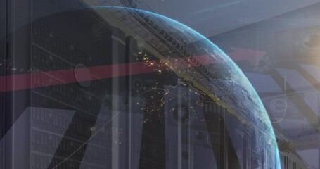 Poster - Animation of statistical data processing over globe against light spot and computer server room