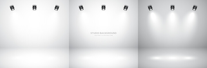 Sticker - Empty gray studio abstract backgrounds with spotlight effect. Product showcase backdrop. Stage lighting. Vector illustration