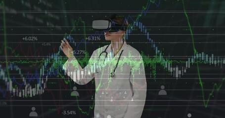 Poster - Animation of statistics and data processing over female doctor in vr headset