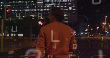 Poster - Animation of letters, numbers, financial data processing over businessman in city