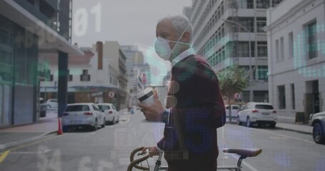 Poster - Animation of financial data processing over businessman in face mask with bike in city