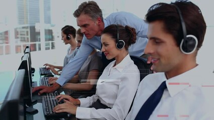 Poster - Animation of data processing over business people using phone headsets