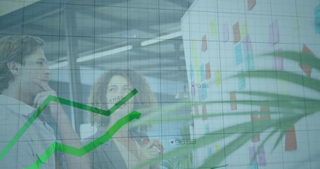 Poster - Animation of financial data processing with green lines over business people working in office