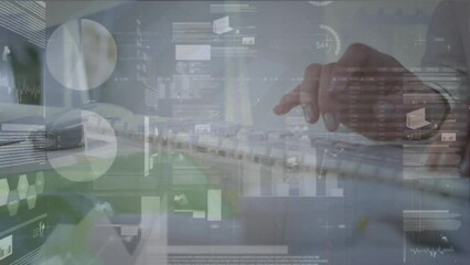 Poster - Animation of financial data processing over businessman using computer