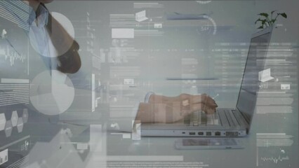 Poster - Animation of financial data processing over businesswoman using computer