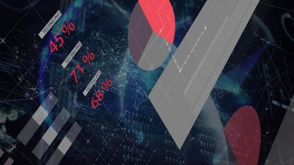 Poster - Animation of infographic interface over connected dots forming shapes, globe and map