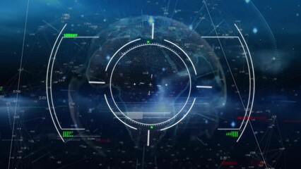 Poster - Animation of glitch technique on circles, globe, connected dots, numbers against abstract background