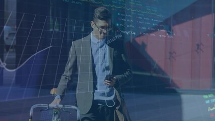 Poster - Animation of financial data processing over biracial businessman using smartphone