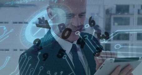 Poster - Animation of data processing and letters over caucasian businessman in office