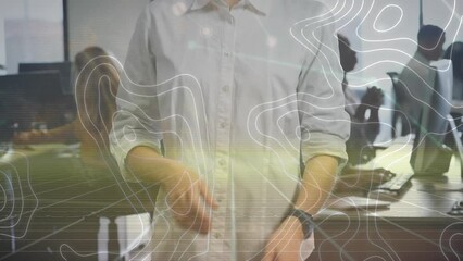 Poster - Animation of white map lines with connections over diverse business people in office