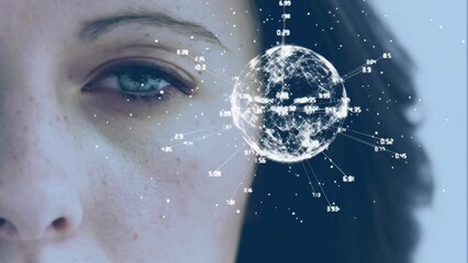 Poster - Animation of globe with connections and data processing over caucasian woman
