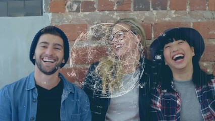 Canvas Print - Animation of globe and data processing over happy diverse business people in office