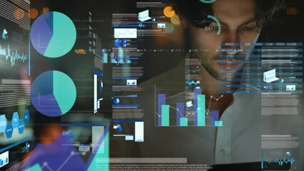 Poster - Animation of statistical data processing over caucasian man using digital tablet at office