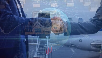 Poster - Animation of data processing and globe over diverse business people at airport