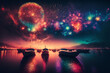 Rozświetlone przez fajerwerki niebo nad zatoką z łodziami