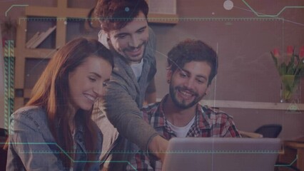 Poster - Animation of network of connections against diverse colleagues discussing over a laptop at office