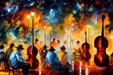 Sertanejo Music Perfomance Digital Illustration, Musicians At The Night Street Impressionism Style Painting, Brasilian Band With Instruments Festival