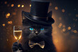 elegant black cat with a top hat and bow tie holding a glass of champagne on a dark background with gold particles, Generative AI