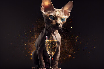 grumpy looking sphynx cat with a glass of champagne on a dark background with gold particles, Generative AI