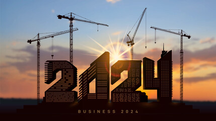 Silhouette construction cranes and houses in the form of numbers 2024. Large construction site, many construction cranes set vector numbers 2024. Construction team sets numbers for New Year 2024.