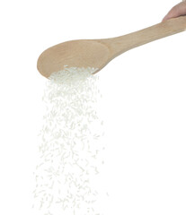 Wall Mural - Japanese Rice fall, white grain rices pouring down abstract cloud fly from spoon. Beautiful complete seed rice in air, food object design. Selective focus freeze shot white background isolated