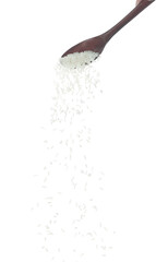 Wall Mural - Japanese Rice fall, white grain rices pouring down abstract cloud fly from spoon. Beautiful complete seed rice in air, food object design. Selective focus freeze shot white background isolated