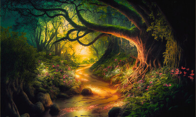 Wall Mural - Pathway through old trees with magic lights in a fantasy winter forest landscape