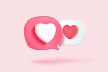 3D Social Media Online Platform Concept, Online Social Communication On Applications, Photo Frame With Heart And Love Emoji Icon, Like And Play In Red Bubble Icons. 3d Heart Vector Render Concept