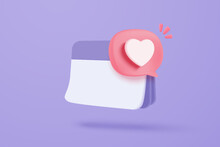 3d Calendar Marked Date With Love Icon. Happy Valentine Day, Pastel Calendar With Red Heart For Schedule Appointment, Event Day, Holiday Planning Concept 3d Icon Vector Render Isolated Background